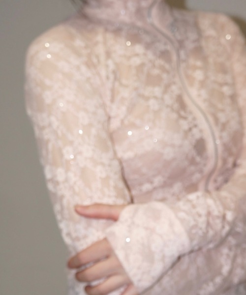 igi（イジ）の「GLITTER LACE TOPS / ハーフジップ ラメレーストップス（Tシャツ/カットソー・レディース・ホワイト/ピンク/ブラック・FREE）」の13枚目の写真