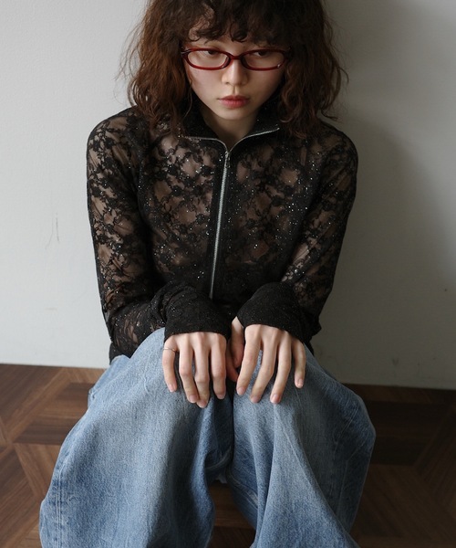 igi（イジ）の「GLITTER LACE TOPS / ハーフジップ ラメレーストップス（Tシャツ/カットソー・レディース・ホワイト/ピンク/ブラック・FREE）」の15枚目の写真