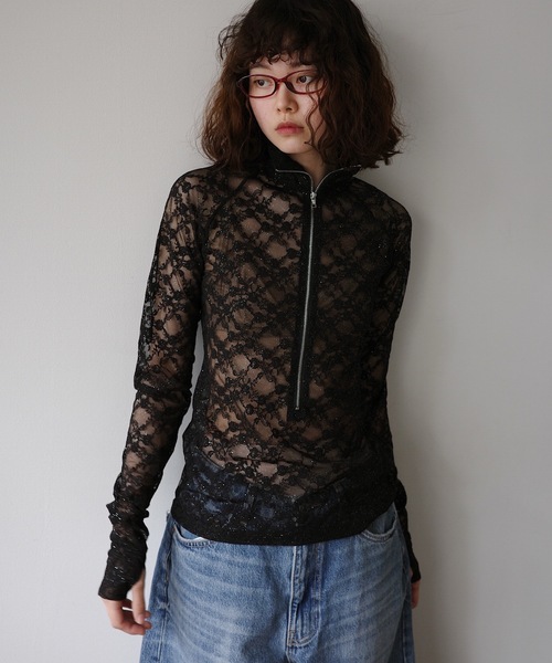 【BLACK】ラメレースカットソー igi tシャツ GLITTER LACE TOPS / ハーフジップ ラメレーストップス