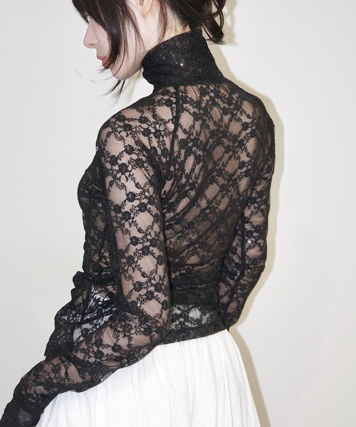 GLITTER LACE TOPS / ハーフジップ ラメレーストップス（Tシャツ