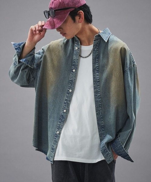 PUBLUX（パブリュクス）の「PUBLUX/パブリュクス レギュラーカラーオーバーダイデニムシャツ(限定展開)（シャツ/ブラウス・メンズ・ブラック/インディゴブルー・SMALL/MEDIUM/LARGE）」の2枚目の写真