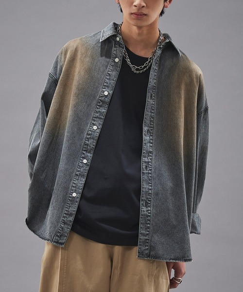 PUBLUX（パブリュクス）の「PUBLUX/パブリュクス レギュラーカラーオーバーダイデニムシャツ(限定展開)（シャツ/ブラウス・メンズ・ブラック/インディゴブルー・SMALL/MEDIUM/LARGE）」の3枚目の写真