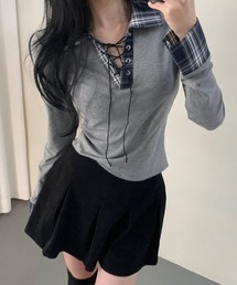 gossip！ロサンゼルス | Y2K  チェックレースアップ長袖Tシャツ(Tシャツ/カットソー)