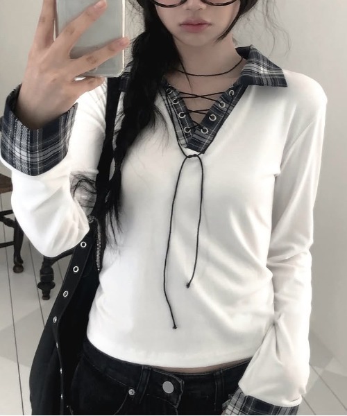gossip！ロサンゼルス（ゴシップロサンゼルス）の「Y2K  チェックレースアップ長袖Tシャツ（Tシャツ/カットソー・レディース・ブラック/グレー/ホワイト・FREE）」の2枚目の写真