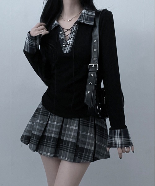 gossip！ロサンゼルス（ゴシップロサンゼルス）の「Y2K  チェックレースアップ長袖Tシャツ（Tシャツ/カットソー・レディース・ブラック/グレー/ホワイト・FREE）」の3枚目の写真