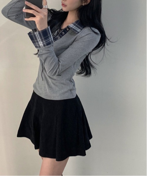 gossip！ロサンゼルス（ゴシップロサンゼルス）の「Y2K  チェックレースアップ長袖Tシャツ（Tシャツ/カットソー・レディース・ブラック/グレー/ホワイト・FREE）」の4枚目の写真