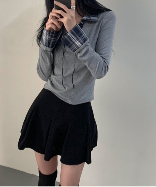 gossip！ロサンゼルス（ゴシップロサンゼルス）の「Y2K  チェックレースアップ長袖Tシャツ（Tシャツ/カットソー・レディース・ブラック/グレー/ホワイト・FREE）」の5枚目の写真