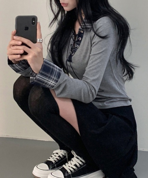 gossip！ロサンゼルス（ゴシップロサンゼルス）の「Y2K  チェックレースアップ長袖Tシャツ（Tシャツ/カットソー・レディース・ブラック/グレー/ホワイト・FREE）」の6枚目の写真