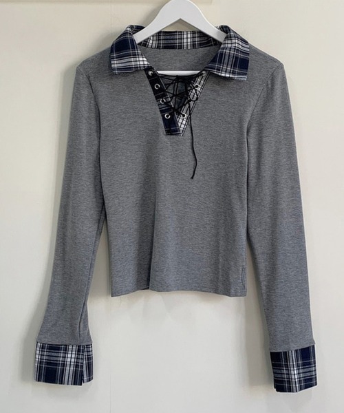 gossip！ロサンゼルス（ゴシップロサンゼルス）の「Y2K  チェックレースアップ長袖Tシャツ（Tシャツ/カットソー・レディース・ブラック/グレー/ホワイト・FREE）」の7枚目の写真