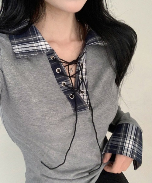 gossip！ロサンゼルス（ゴシップロサンゼルス）の「Y2K  チェックレースアップ長袖Tシャツ（Tシャツ/カットソー・レディース・ブラック/グレー/ホワイト・FREE）」の9枚目の写真