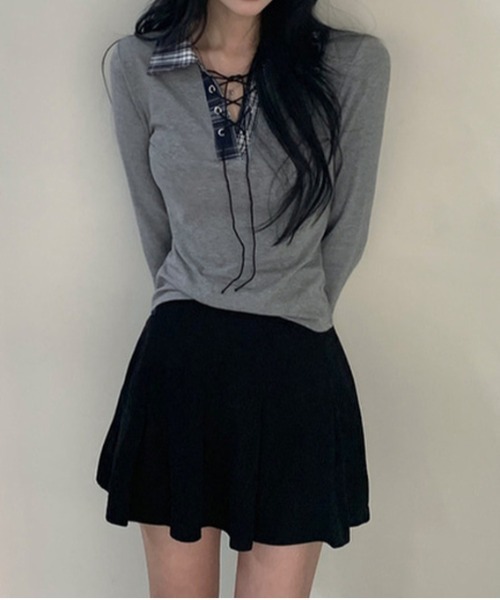 gossip！ロサンゼルス（ゴシップロサンゼルス）の「Y2K  チェックレースアップ長袖Tシャツ（Tシャツ/カットソー・レディース・ブラック/グレー/ホワイト・FREE）」の10枚目の写真