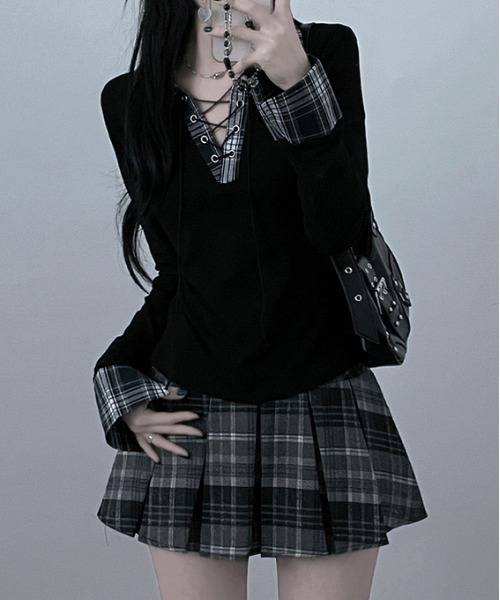 gossip！ロサンゼルス（ゴシップロサンゼルス）の「Y2K  チェックレースアップ長袖Tシャツ（Tシャツ/カットソー・レディース・ブラック/グレー/ホワイト・FREE）」の19枚目の写真