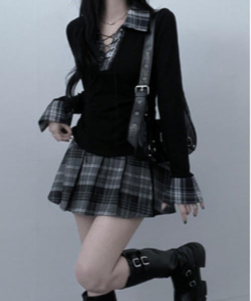 gossip！ロサンゼルス（ゴシップロサンゼルス）の「Y2K  チェックレースアップ長袖Tシャツ（Tシャツ/カットソー・レディース・ブラック/グレー/ホワイト・FREE）」の14枚目の写真