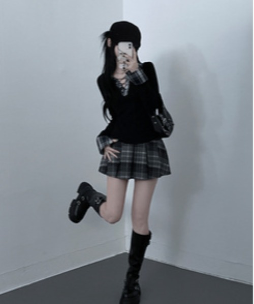 gossip！ロサンゼルス（ゴシップロサンゼルス）の「Y2K  チェックレースアップ長袖Tシャツ（Tシャツ/カットソー・レディース・ブラック/グレー/ホワイト・FREE）」の15枚目の写真