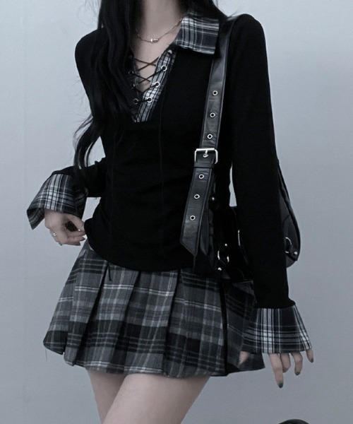 gossip！ロサンゼルス（ゴシップロサンゼルス）の「Y2K  チェックレースアップ長袖Tシャツ（Tシャツ/カットソー・レディース・ブラック/グレー/ホワイト・FREE）」の16枚目の写真