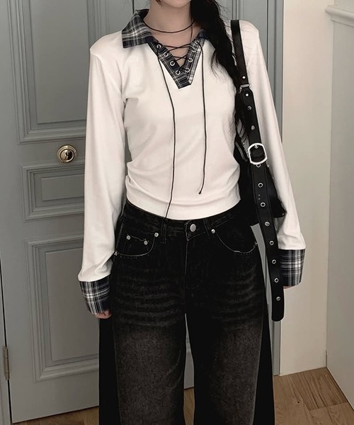 gossip！ロサンゼルス（ゴシップロサンゼルス）の「Y2K  チェックレースアップ長袖Tシャツ（Tシャツ/カットソー・レディース・ブラック/グレー/ホワイト・FREE）」の20枚目の写真