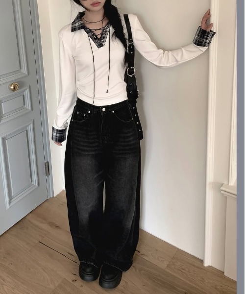 gossip！ロサンゼルス（ゴシップロサンゼルス）の「Y2K  チェックレースアップ長袖Tシャツ（Tシャツ/カットソー・レディース・ブラック/グレー/ホワイト・FREE）」の21枚目の写真