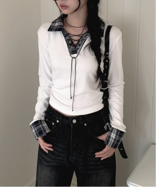 gossip！ロサンゼルス（ゴシップロサンゼルス）の「Y2K  チェックレースアップ長袖Tシャツ（Tシャツ/カットソー・レディース・ブラック/グレー/ホワイト・FREE）」の22枚目の写真