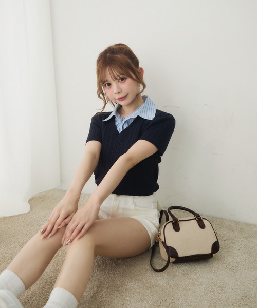 ボタンポロニットトップス ボーダーポロニットトップス – hellam