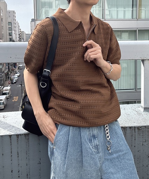 CREARE -LINO-（クレアーレリノ）の「ハーフジップ透かし編みポロニット（ニット/セーター・メンズ・アイボリー/キャメル/グリーン/ブラック・M/L）」の15枚目の写真