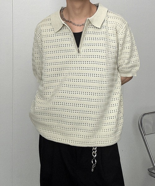 CREARE -LINO-（クレアーレリノ）の「ハーフジップ透かし編みポロニット（ニット/セーター・メンズ・アイボリー/キャメル/グリーン/ブラック・M/L）」の22枚目の写真