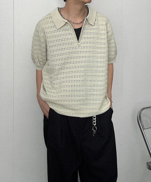 CREARE -LINO-（クレアーレリノ）の「ハーフジップ透かし編みポロニット（ニット/セーター・メンズ・アイボリー/キャメル/グリーン/ブラック・M/L）」の19枚目の写真