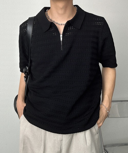 CREARE -LINO-（クレアーレリノ）の「ハーフジップ透かし編みポロニット（ニット/セーター・メンズ・アイボリー/キャメル/グリーン/ブラック・M/L）」の11枚目の写真