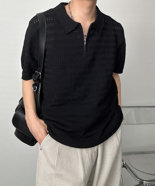 暮らしの道具店　透かし編みのニットポロ　黒 ☆新品☆北欧暮らしの道具店/透かし編みニットポロ/ブラック