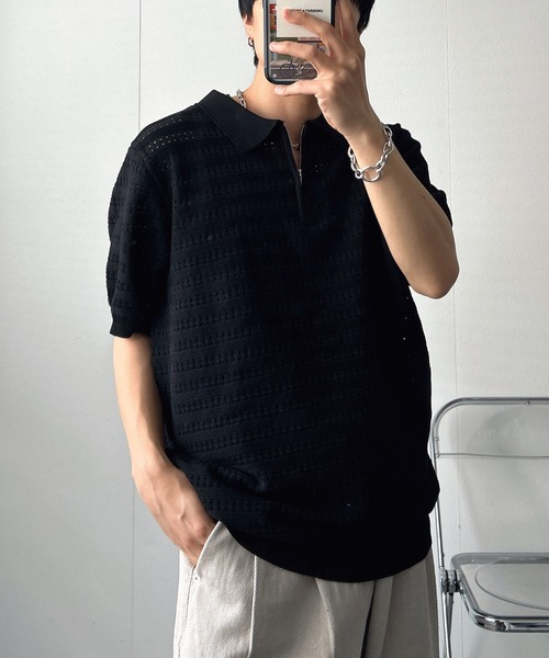 CREARE -LINO-（クレアーレリノ）の「ハーフジップ透かし編みポロニット（ニット/セーター・メンズ・アイボリー/キャメル/グリーン/ブラック・M/L）」の10枚目の写真