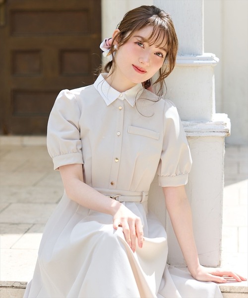 Swingle スウィングル　バックルベルト付きバイカラーシャツワンピース SWINGLE（スウィングル）の「バックルベルト付きバイカラーシャツ