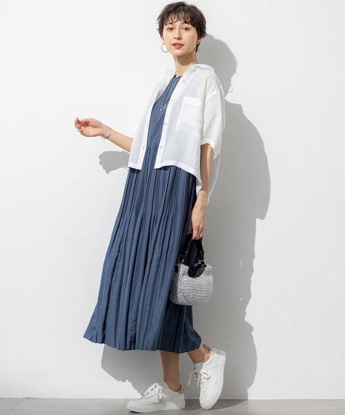 23区 L(ニジュウサンクオオキイサイズ)の「【洗える】プリーツコンビ ワンピース(ワンピース・レディース・ネイビー系/ブラウン系・44/50)」の20枚目の写真