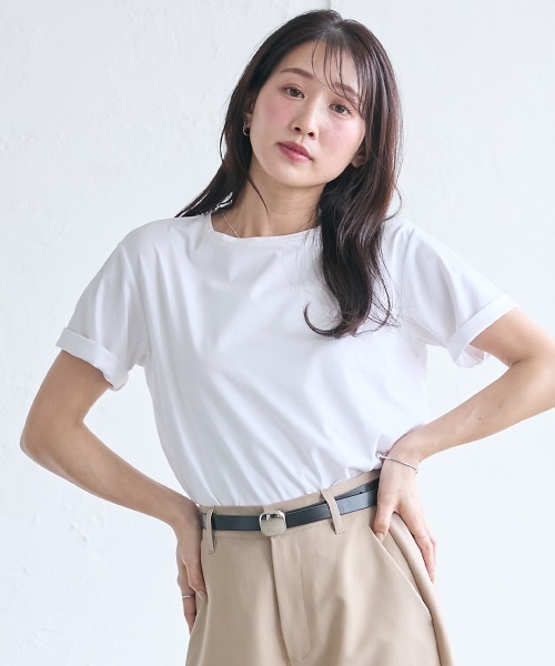 Petitjo（プッチージョ）の「小さいサイズ　毛玉になりにくいONにもOFFにも使えるキレイ見えTシャツ　低身長さん・小柄女性（Tシャツ/カットソー・レディース・ピンク/ブラック/ホワイト・PM/PL/PSS/PS）」の2枚目の写真