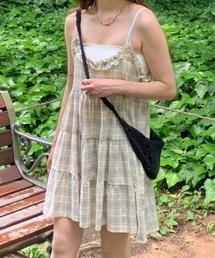 Teem Store | 【春夏新作】チェックフリルティアードキャミミニワンピース ストラップ調整可能 レイヤード着(ワンピース)