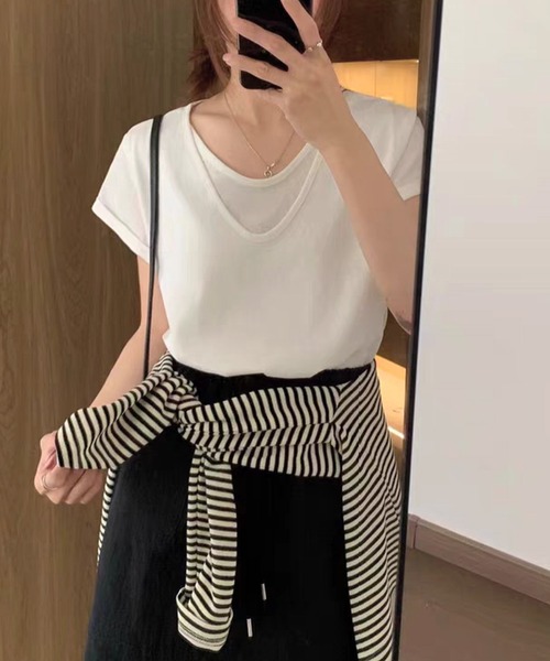 Lace Ladies(レースレディース)の「ドッキング デザイン 袖ロールアップ 半袖 Tシャツ(Tシャツ/カットソー・レディース・ピンク/ホワイト/ブラック/ブルー・FREE)」の2枚目の写真