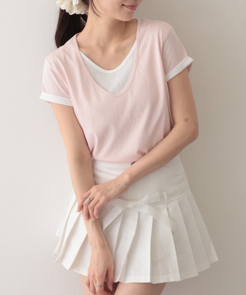 Lace Ladies(レースレディース)の「ドッキング デザイン 袖ロールアップ 半袖 Tシャツ(Tシャツ/カットソー・レディース・ピンク/ホワイト/ブラック/ブルー・FREE)」の4枚目の写真