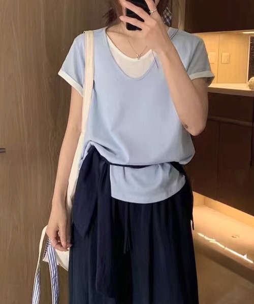 Lace Ladies(レースレディース)の「ドッキング デザイン 袖ロールアップ 半袖 Tシャツ(Tシャツ/カットソー・レディース・ピンク/ホワイト/ブラック/ブルー・FREE)」の3枚目の写真