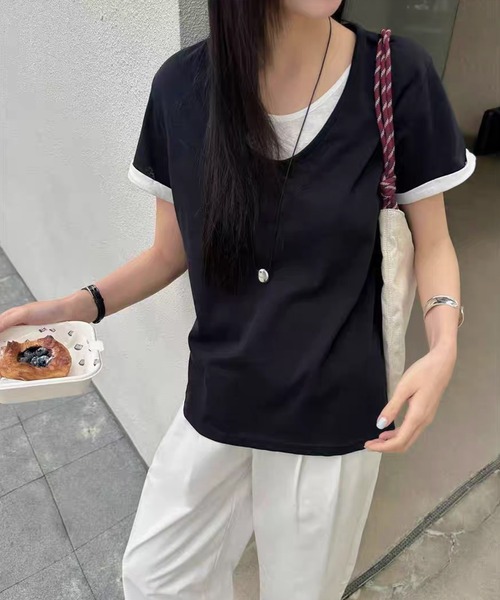 Lace Ladies(レースレディース)の「ドッキング デザイン 袖ロールアップ 半袖 Tシャツ(Tシャツ/カットソー・レディース・ピンク/ホワイト/ブラック/ブルー・FREE)」の1枚目の写真