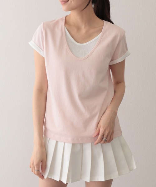 Lace Ladies(レースレディース)の「ドッキング デザイン 袖ロールアップ 半袖 Tシャツ(Tシャツ/カットソー・レディース・ピンク/ホワイト/ブラック/ブルー・FREE)」の5枚目の写真