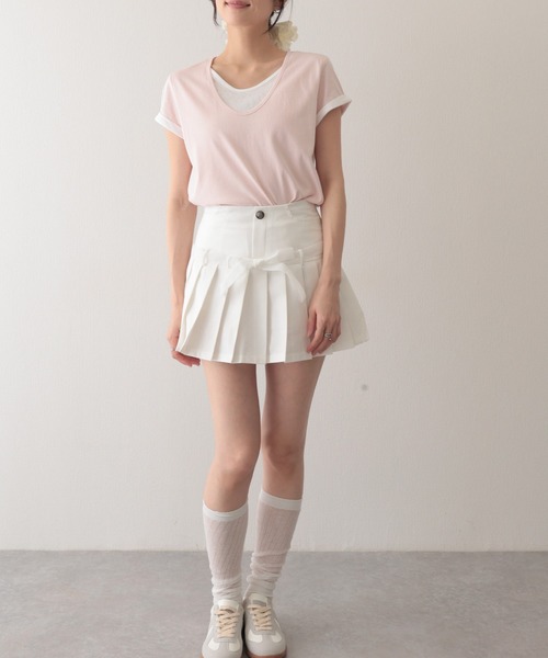 Lace Ladies(レースレディース)の「ドッキング デザイン 袖ロールアップ 半袖 Tシャツ(Tシャツ/カットソー・レディース・ピンク/ホワイト/ブラック/ブルー・FREE)」の6枚目の写真