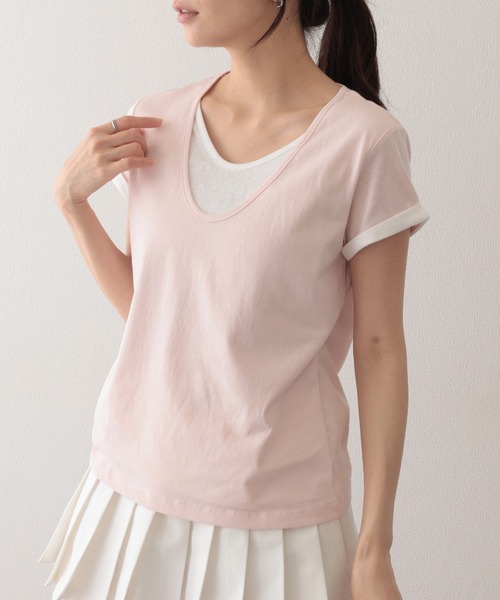 Lace Ladies(レースレディース)の「ドッキング デザイン 袖ロールアップ 半袖 Tシャツ(Tシャツ/カットソー・レディース・ピンク/ホワイト/ブラック/ブルー・FREE)」の7枚目の写真