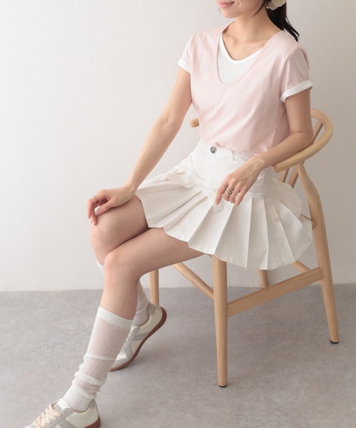 Lace Ladies(レースレディース)の「ドッキング デザイン 袖ロールアップ 半袖 Tシャツ(Tシャツ/カットソー・レディース・ピンク/ホワイト/ブラック/ブルー・FREE)」の8枚目の写真
