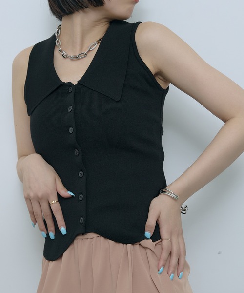 スナップボタン　ラリーシャツ　ブラック　黒　ノーカラー　K-POP A.PRESSE - アプレッセ Cotton Knit L/S Polo Shirts(25SAP-03