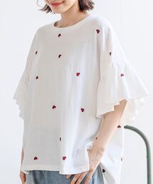 フレアースリーブ刺繍Tシャツ