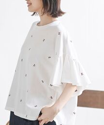 フレアースリーブ刺繍Tシャツ