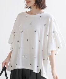 フレアースリーブ刺繍Tシャツ