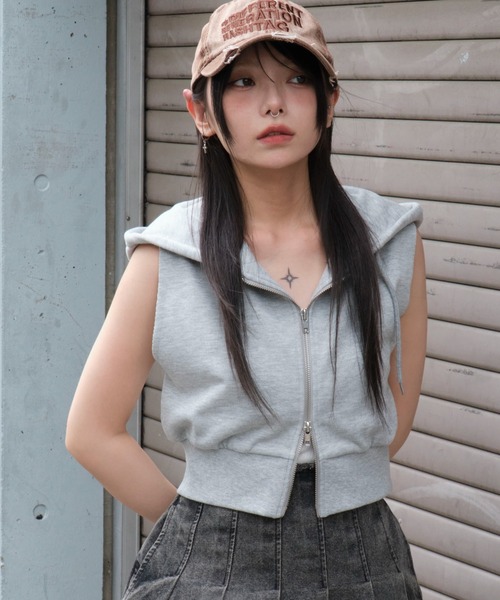 WEGO（ウィゴー）の「WEGO/ノースリーブジップパーカー（パーカー・レディース・杢グレー/スミクロ・FREE）」の2枚目の写真