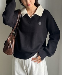 ブラック ホワイト 襟付き ニット　値下げ 襟付きバイカラーニットジャケット（その他ブルゾン／アウター