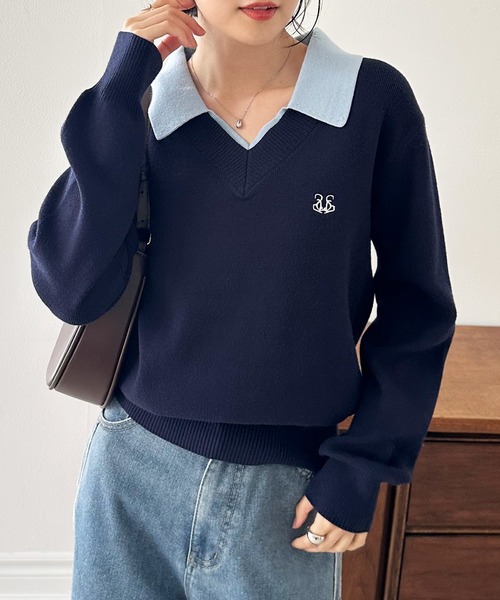 セール】ワンポイント刺繍レイヤード襟付きポロニット（ニット