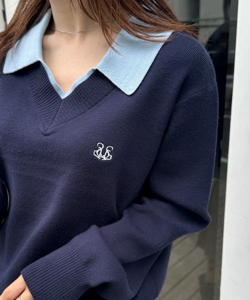 セール】ワンポイント刺繍レイヤード襟付きポロニット（ニット