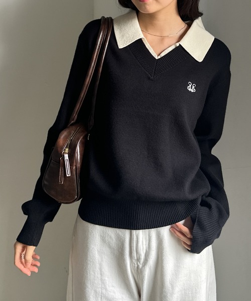 セール】ワンポイント刺繍レイヤード襟付きポロニット（ニット